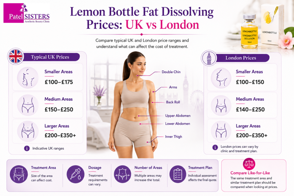 Lemon Bottle Fat Dissolving prices comparison infographic showing typical UK and London price ranges; treatment areas including double chin, arms, back roll, inner thigh, and abdomen; and key factors affecting treatment cost.
