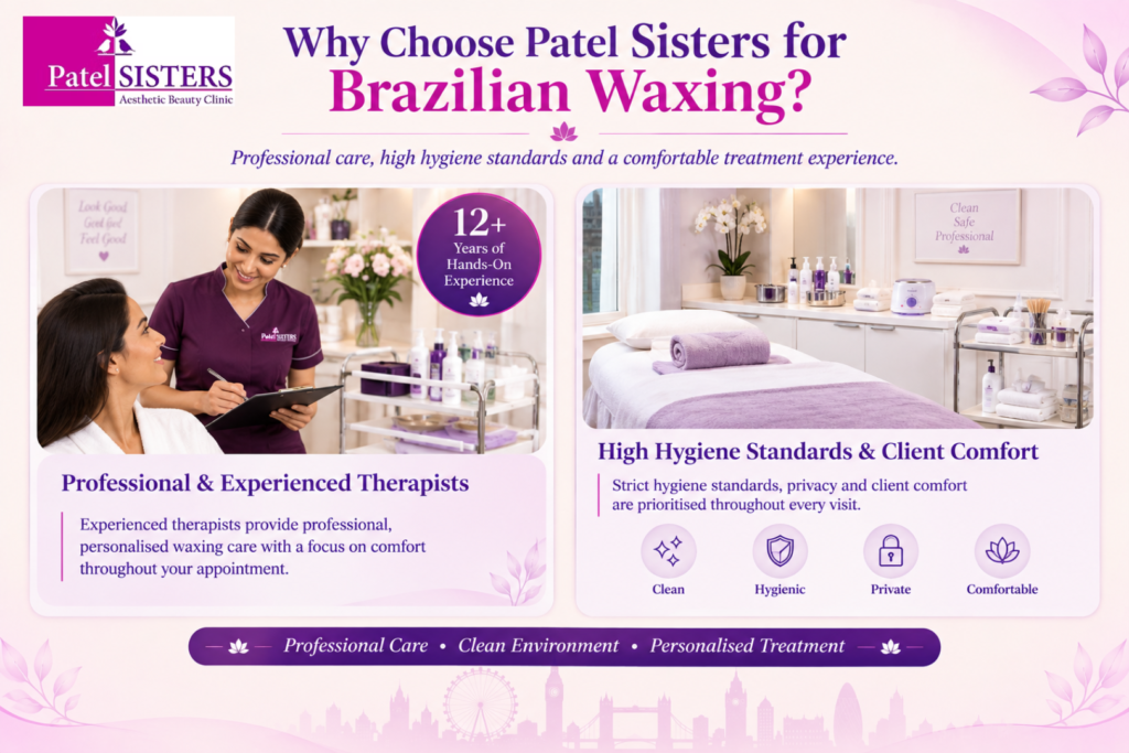 Why choose Patel Sisters for Brazilian waxing, featuring experienced therapists, high hygiene standards, privacy, and client comfort.
