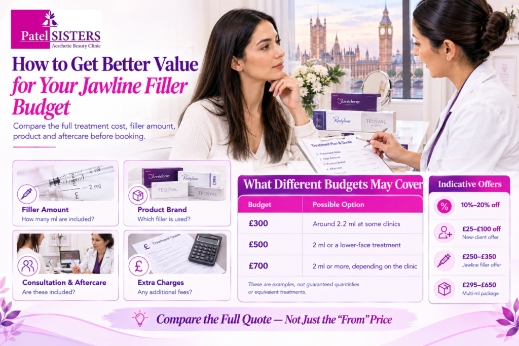 Jawline filler budget guide featuring treatment costs, filler amount, product brands, aftercare, extra charges, and indicative UK offers at Patel Sisters Aesthetic Beauty Clinic.