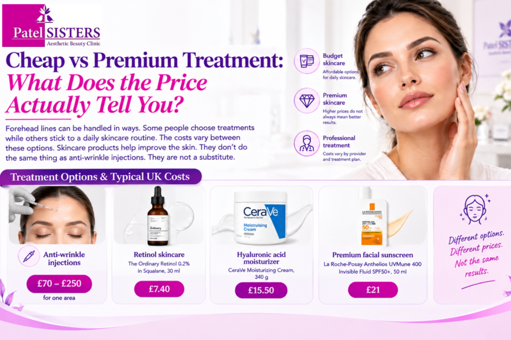 Cheap vs premium forehead line treatments, comparing anti-wrinkle injections, retinol, moisturizer, and sunscreen prices.