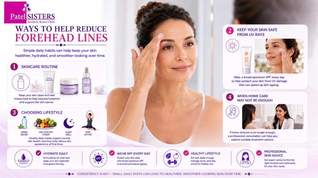 Daily skincare routine and healthy habits that help reduce the appearance of forehead lines.