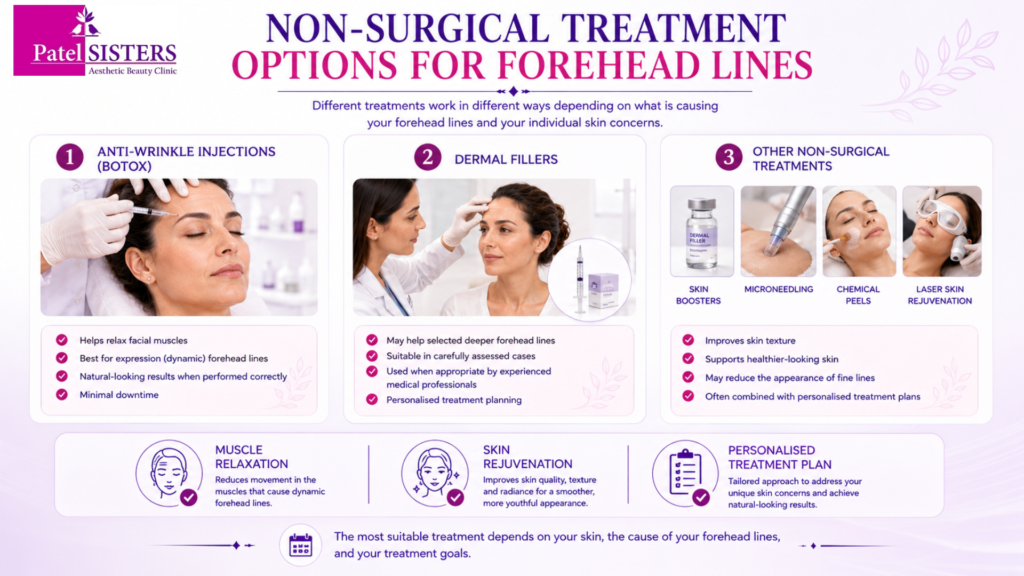 Comparison of non-surgical forehead line treatments including Botox, dermal fillers, and facial rejuvenation procedures.