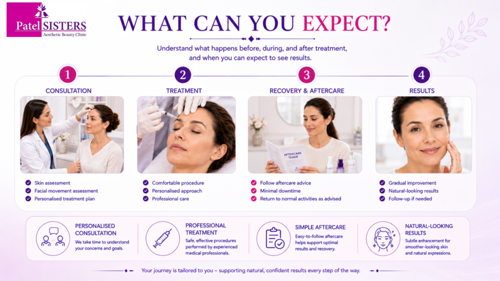 Step-by-step forehead line treatment from consultation to smoother-looking skin.