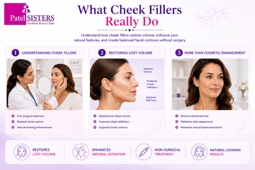 Cheek filler treatment restores lost facial volume and creates natural cheek definition.