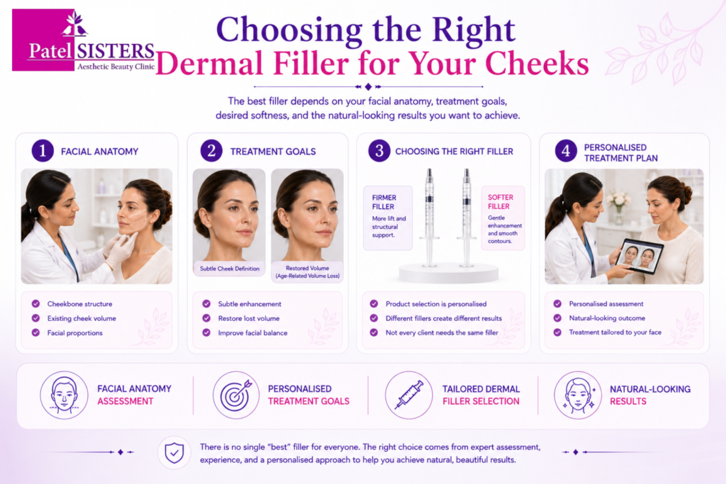Different dermal fillers used for cheek enhancement based on facial structure and treatment goals.