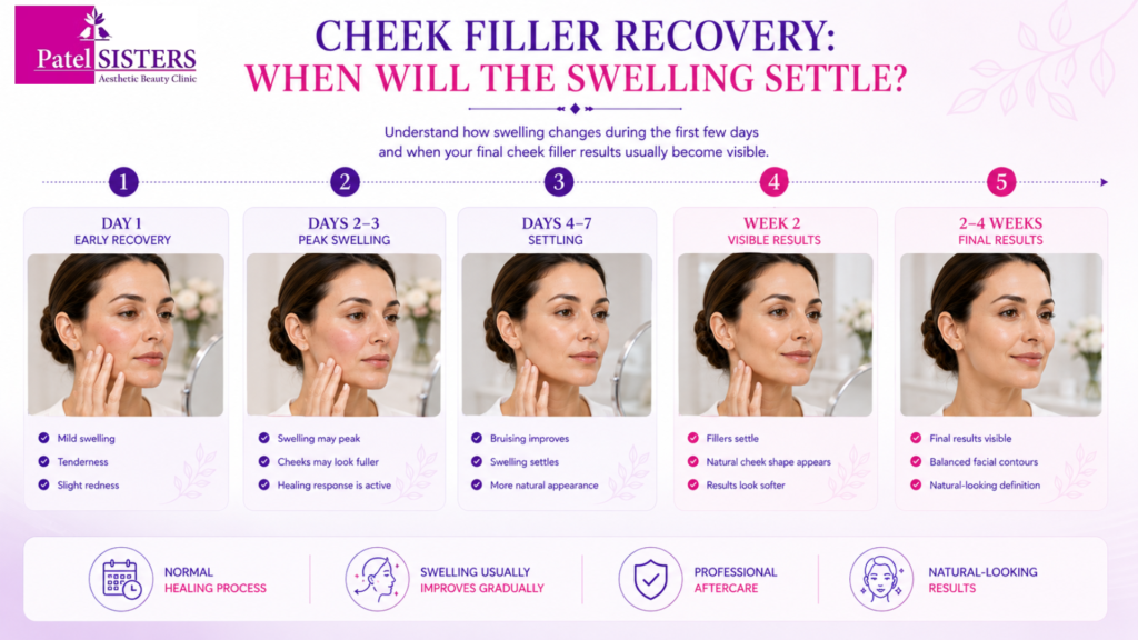 Cheek filler recovery timeline showing swelling stages from day one to final results.