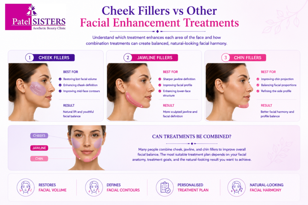 Comparison of cheek fillers, jawline fillers, and chin fillers for facial enhancement.