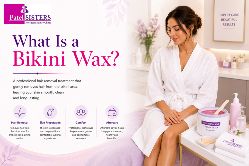 Bikini wax treatment at a professional London beauty clinic with a therapist preparing a waxing workstation.