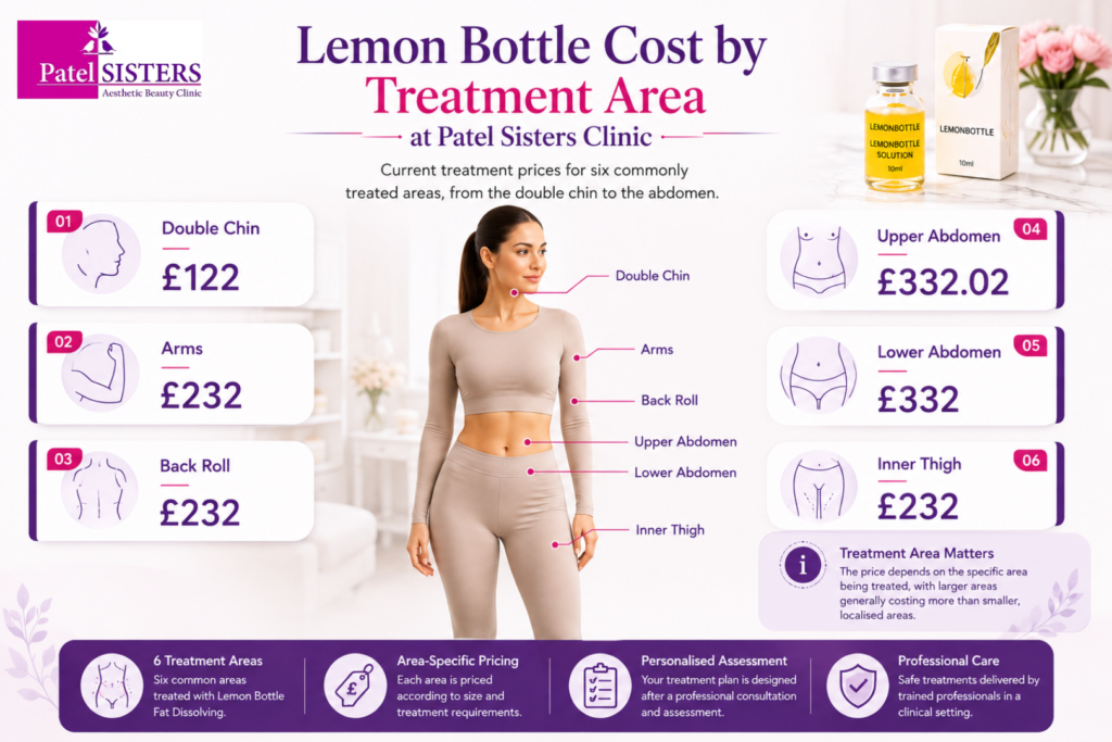 Lemon Bottle fat dissolving price guide showing the current Patel Sisters Clinic costs for six treatment areas: Double Chin £122, Arms £232, Back Roll £232, Inner Thigh £232, Lower Abdomen £332, and Upper Abdomen £332.02.
