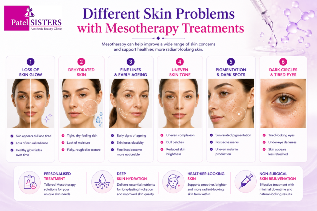 Common skin concerns treated with mesotherapy include dull skin, dehydration, pigmentation, and fine lines.