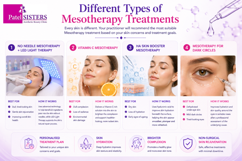 Different mesotherapy treatments for skin hydration, radiance, anti-aging, and dark circles.