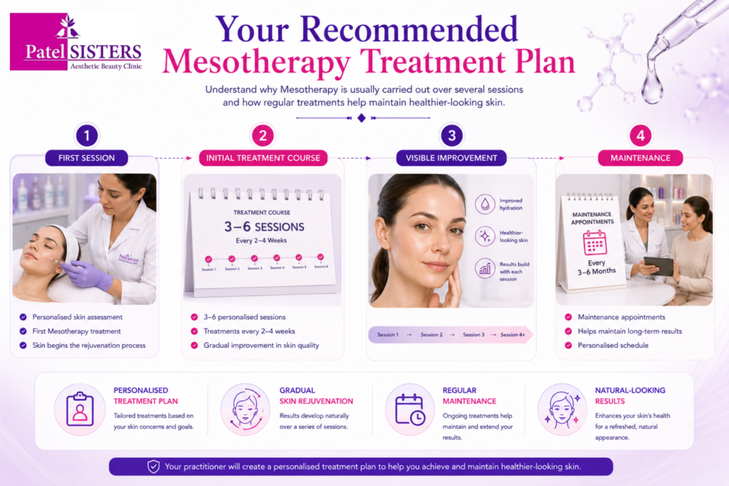 Mesotherapy treatment plan showing initial sessions, maintenance appointments, and gradual skin improvement.
