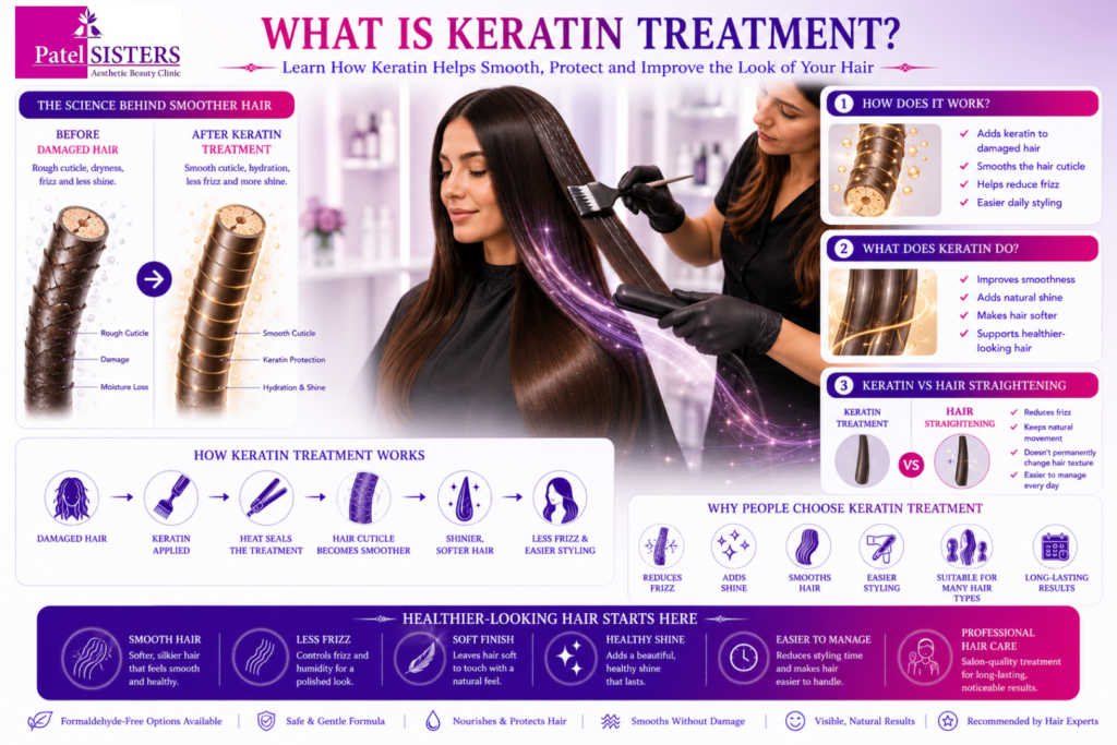 Keratin treatment smooths the hair cuticle for shinier and healthier-looking hair.