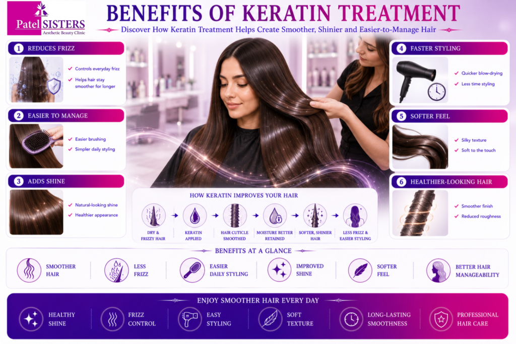 Healthy smooth hair after keratin treatment with reduced frizz and added shine.
