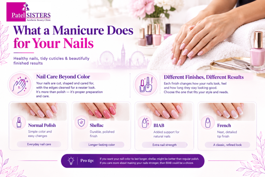 Manicure treatment showing nail care, cuticle care, and different finishes, including normal polish, shellac, BIAB, and French.