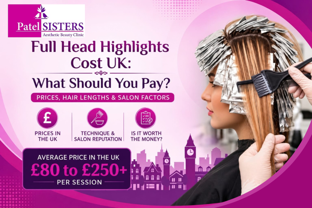 Full head highlights cost UK feature image showing a woman with dimensional highlights in a luxury London salon, with subtle UK pricing and hair-color service cues.