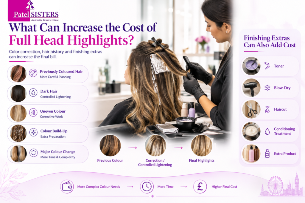 Full head highlights cost infographic showing how color correction, dark hair, uneven color, color build-up, major color changes, toner, blow-dry, haircut, conditioning treatments, and extra products can increase the final bill.