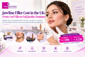 Jawline filler cost in the UK at Patel Sisters Clinic, featuring REVOLAX 1 ml for £120 and LUMIFILL 1 ml for £99, with jawline contouring treatment imagery.