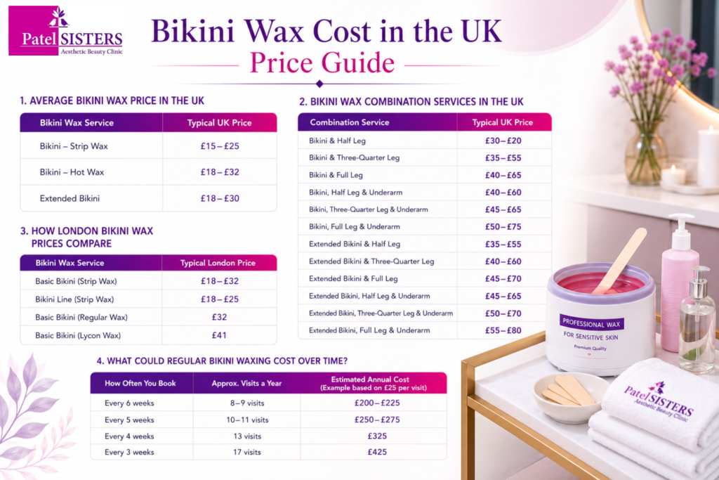 Bikini wax cost in the UK, showing typical prices, London comparisons, combination services, and annual waxing costs.