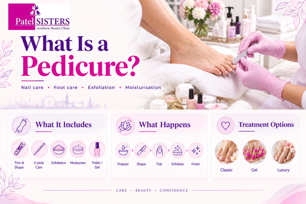 Premium pedicure treatment showing professional foot and toenail care at Patel Sisters Aesthetic Beauty Clinic.