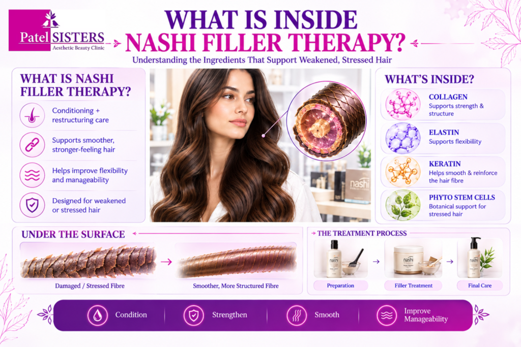 Infographic explaining what is inside Nashi Filler Therapy, featuring collagen, elastin, keratin, and phyto stem cells, with a hair treatment process and benefits for weakened, stressed hair.
