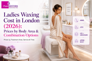 Luxury London beauty clinic feature image for ladies waxing cost in London 2026, showing a woman in a salon with waxing service areas including arms, legs, underarms and upper body.
