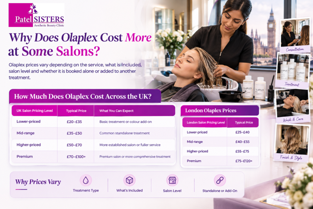 Olaplex cost UK and London infographic showing salon pricing levels, typical treatment prices, and factors such as treatment type, inclusions, salon level, and standalone or add-on services.
