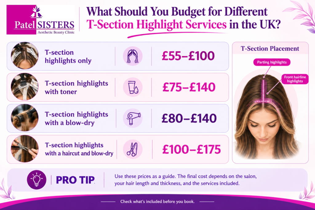 The T-section highlights the UK price comparison infographic showing four salon service costs, the T-section placement diagram, and the Patel Sisters Aesthetic Beauty Clinic branding.