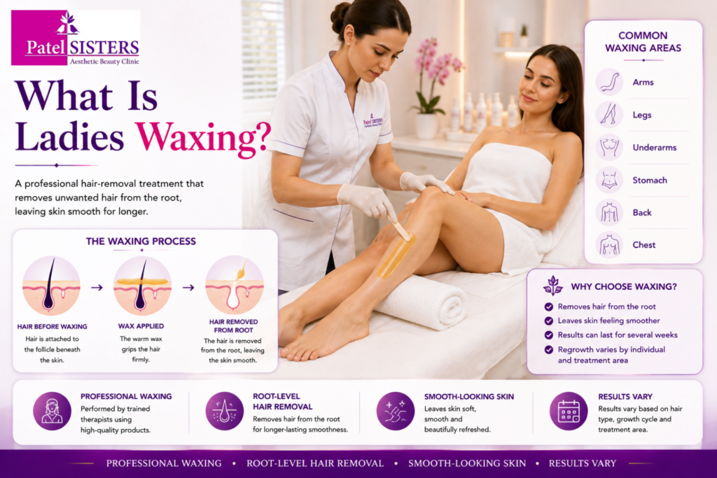 Ladies' waxing cost guide explaining professional waxing treatment, common body areas, and hair removal from the root.