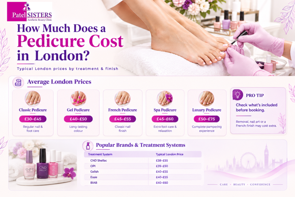 Pedicure cost in London infographic comparing classic, gel, French, spa, and luxury pedicure prices, plus popular treatment systems.