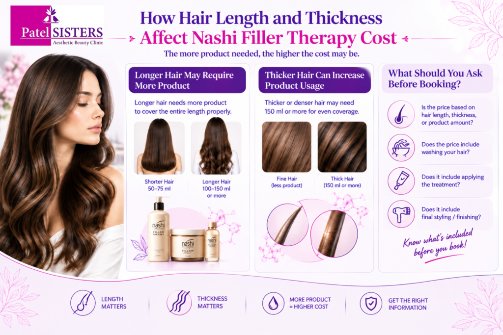 Nashi Filler Therapy cost visual showing how longer and thicker hair may require more product, with examples of product usage and pricing factors to consider before booking.