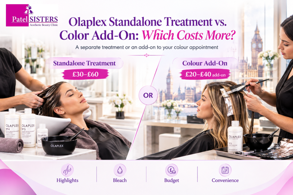 Olaplex standalone treatment vs. color add-on infographic showing separate treatment pricing, color-service add-on pricing, and key considerations including highlights, bleach, budget, and convenience.