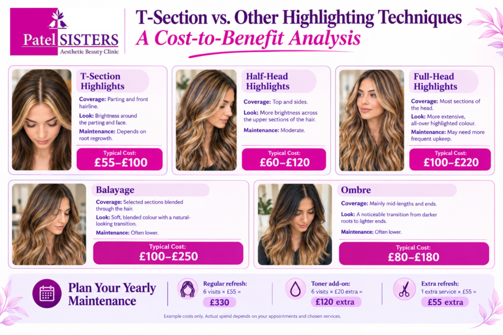 T-Section, half-head, full-head, balayage and ombre highlights comparison with UK prices, maintenance and yearly budgeting at Patel Sisters Aesthetic Beauty Clinic.