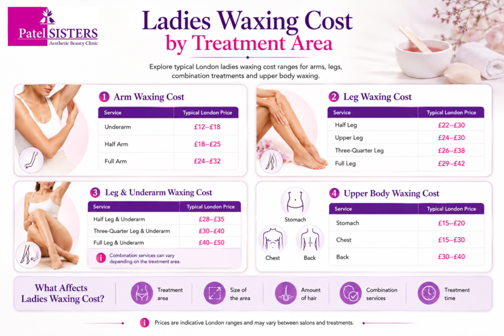 Ladies' waxing cost guide showing typical London prices for arm, leg, leg and underarm, and upper body waxing treatments.