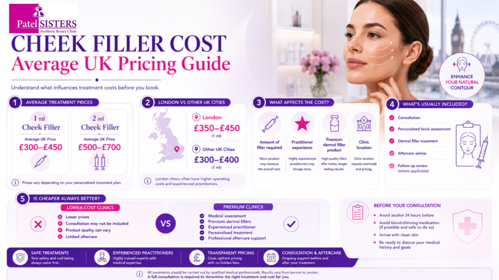 Cheek filler cost comparison showing average UK and London prices with key pricing factors.