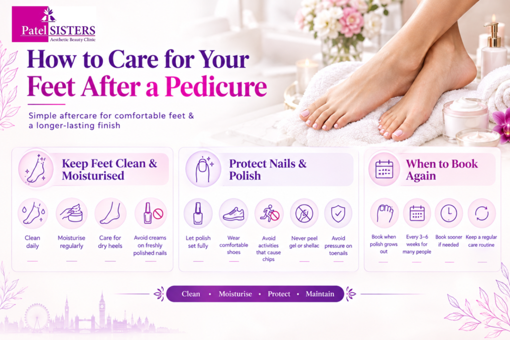 Pedicure aftercare guide showing tips to clean, moisturise, protect and maintain feet after a pedicure.