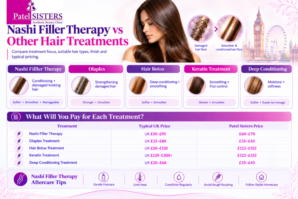 Nashi Filler Therapy vs. other hair treatments infographic comparing Nashi, Olaplex, Hair Botox, Keratin, and Deep Conditioning, with UK and Patel Sisters prices and aftercare tips.