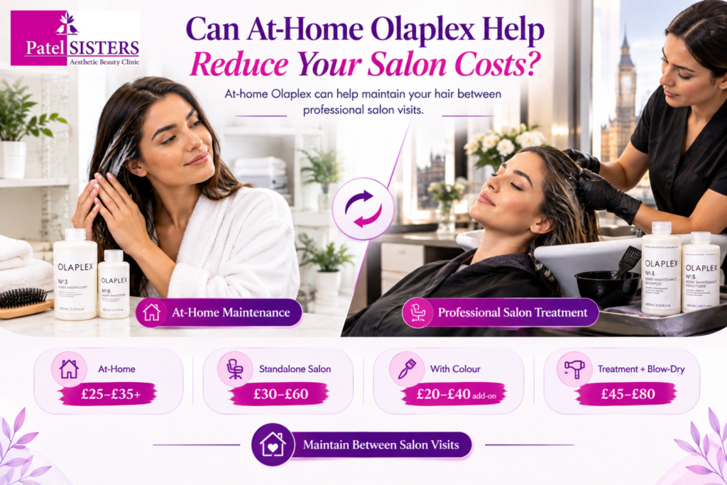 At-home Olaplex vs salon treatment infographic showing at-home hair maintenance, professional salon care, typical costs, and maintaining hair between salon visits.