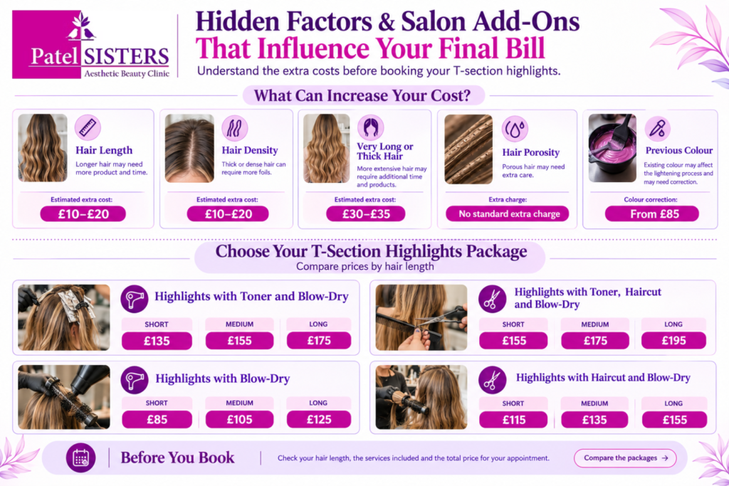 T-section highlights add-on costs, hair length and density factors, color correction charges, and Patel Sisters Clinic package prices by hair length.