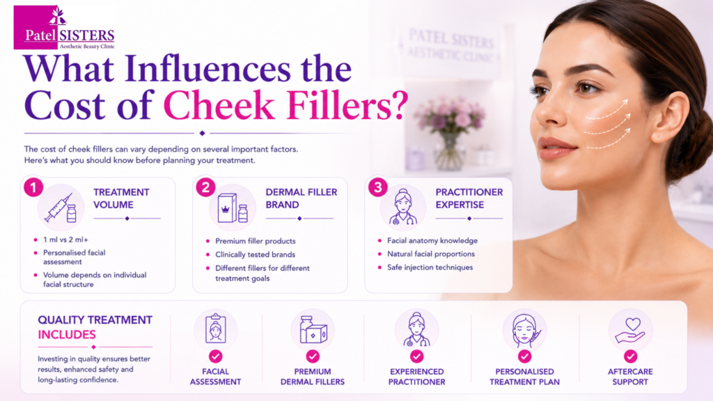 Factors affecting cheek filler cost include filler amount, product choice, practitioner experience, and clinic location.