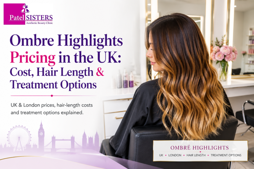 Ombre highlights in a premium London salon, showing a woman with long, wavy brunette-to-blonde ombre highlight hair in a luxury beauty clinic setting.