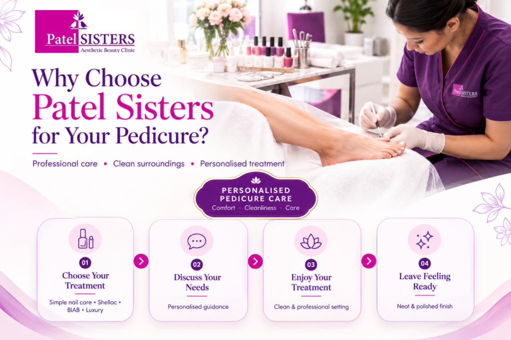 Why choose Patel Sisters for your pedicure, highlighting professional care, cleanliness, comfort, and personalised treatment.