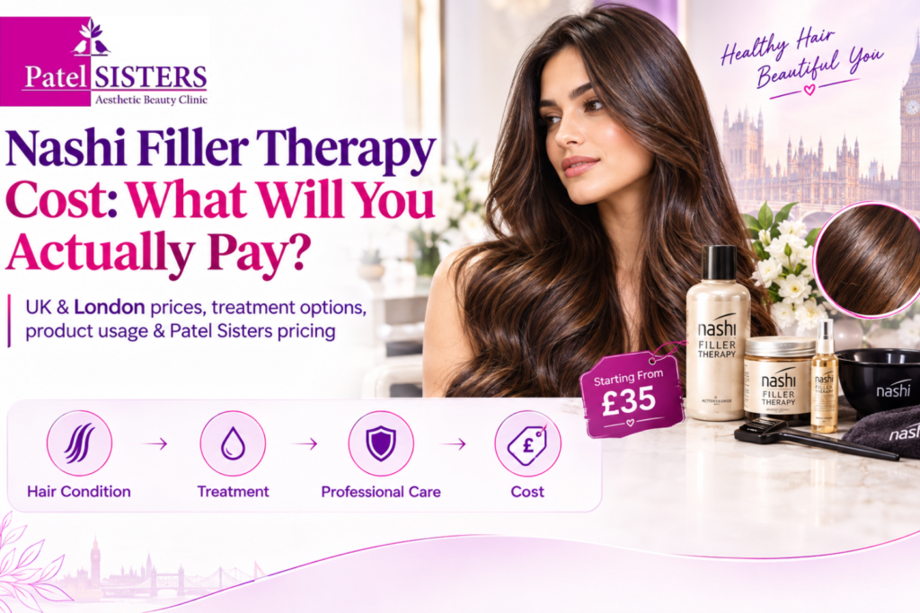 Nashi Filler Therapy cost guide for London featuring Patel Sisters Clinic, UK pricing, Nashi hair products, a professional hair treatment scene and starting price of £35.
