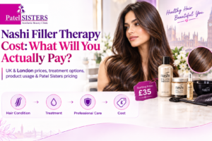 Nashi Filler Therapy cost guide for London featuring Patel Sisters Clinic, UK pricing, Nashi hair products, a professional hair treatment scene and starting price of £35.