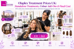 Olaplex treatment prices in the UK feature image showing standalone treatments, color add-ons, blow-dry and haircut options, maintenance, at-home care, London pricing, and Patel Sisters treatment costs.