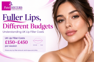Premium feature image showcasing fuller, natural-looking lips, with the heading “Fuller Lips, Different Budgets” and UK lip filler costs ranging from £150 to £450 per session.