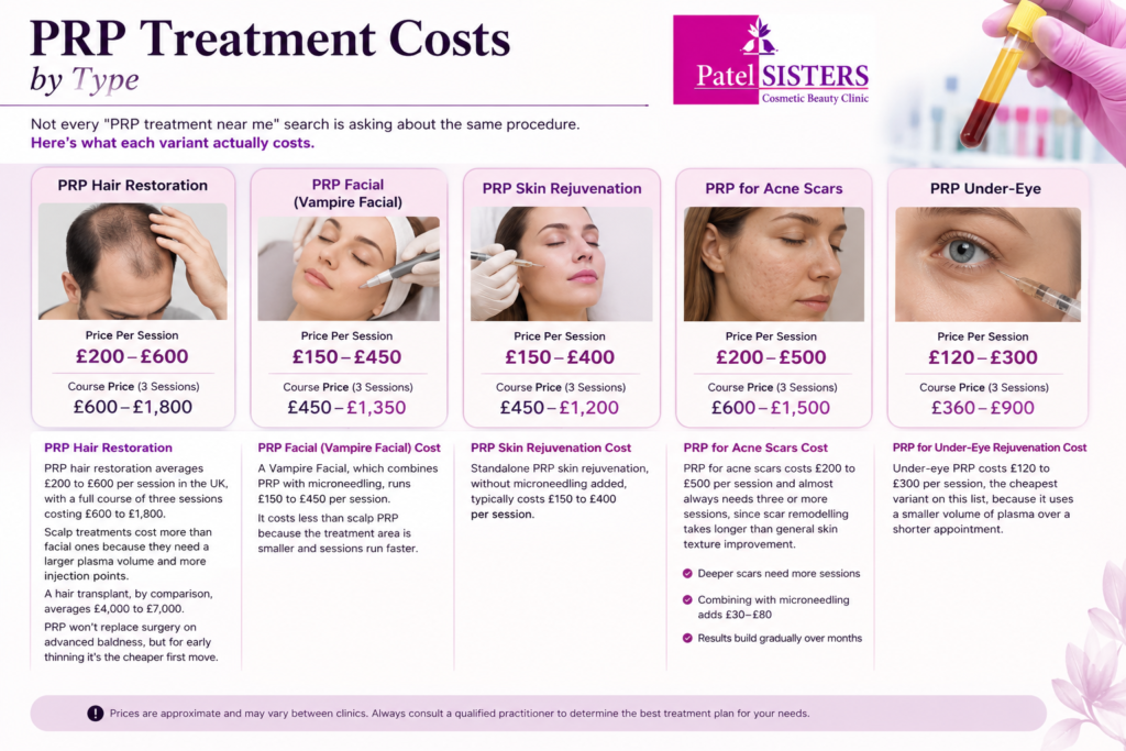 PRP treatment costs by type infographic showing UK price ranges for hair restoration, Vampire Facial, skin rejuvenation, acne scar treatment, and under-eye PRP with Patel Sisters Aesthetic Beauty Clinic logo.