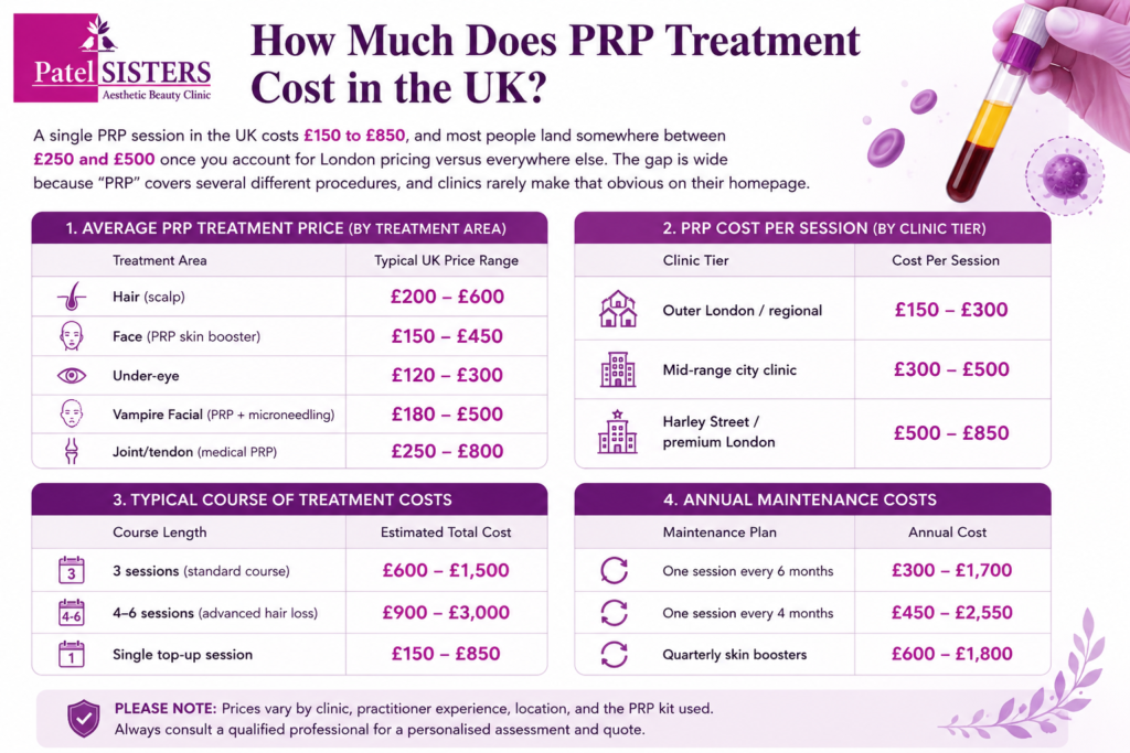 PRP Treatment Cost in the UK. Detailed  Average PRP Treatment Price, PRP Cost Per Session, Typical Course of Treatment Costs, Annual Maintenance Costs